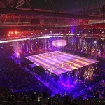 A huge yellow-red Galatasaray flag is digitally displayed during the opening ceremony of Turk Telekom Arena in Istanbul