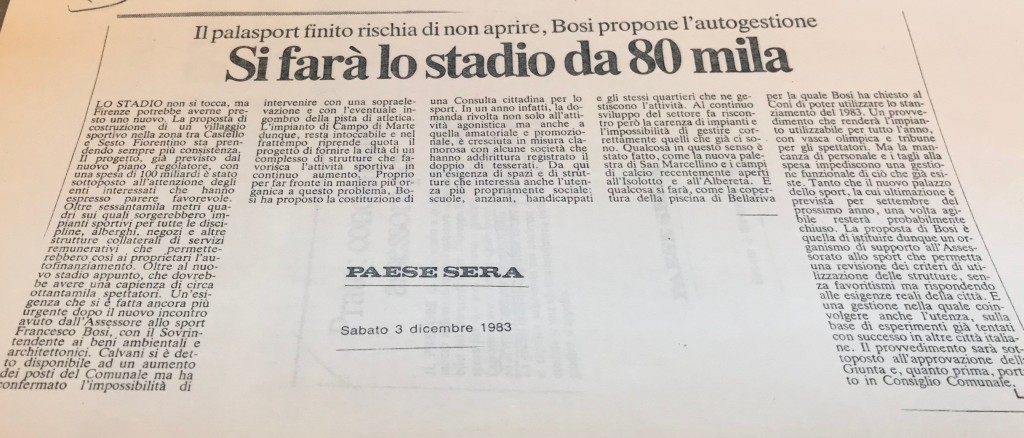 Articolo del 1983 su nuovo stadio Fiorentina