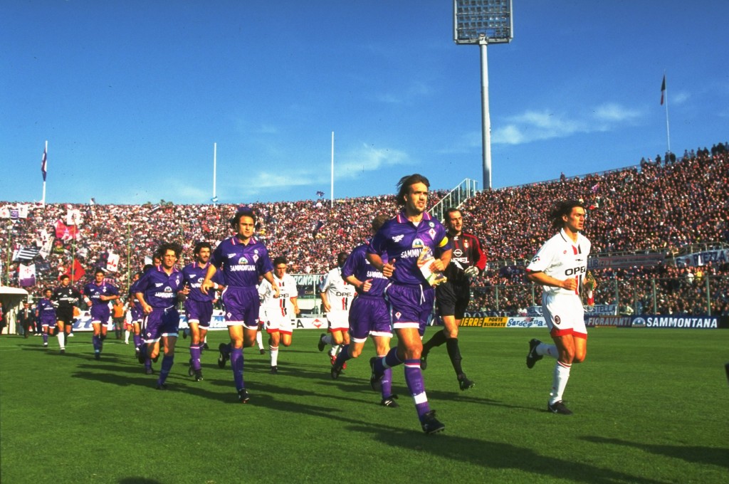 Gabriel Batistuta of Fiorentina and Paolo Maldini of AC Milan