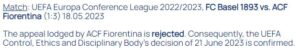 ricorso respinto UEFA Basilea Fiorentina