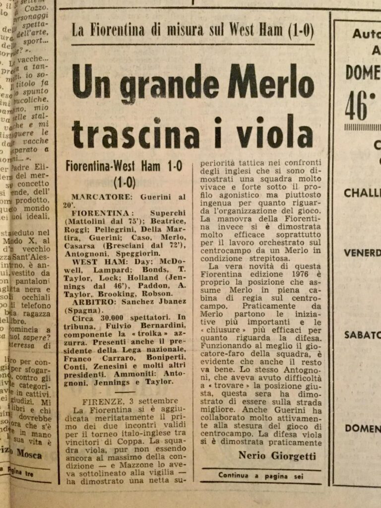 Gazzetta dello sport Fiorentina-West Ham 1975
