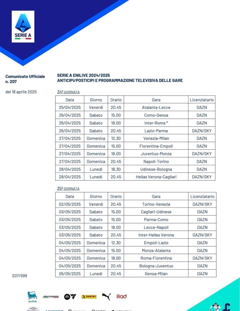 Calendario Serie A, 34 e 35 giornata